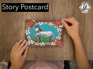 'Horse Dreaming with Cowrie Shells and Flower Medicine' Aboriginal Art A6 Story PostCard Single by Mirree